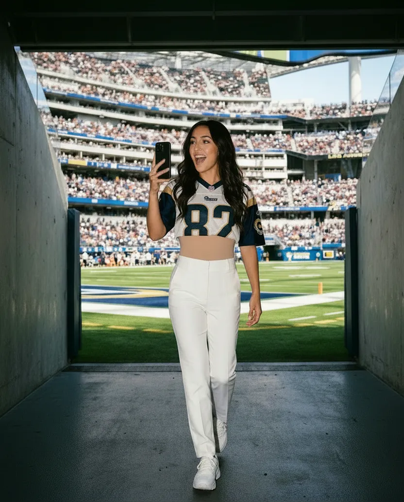 Woman in a football jersey holding a phone, walking through a stadium tunnel toward a crowded football field.
