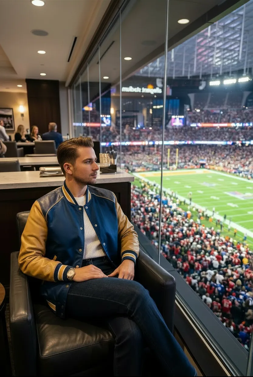 Man in a blue and tan jacket sitting in a leather chair looking out a glass window at a crowded football stadium.