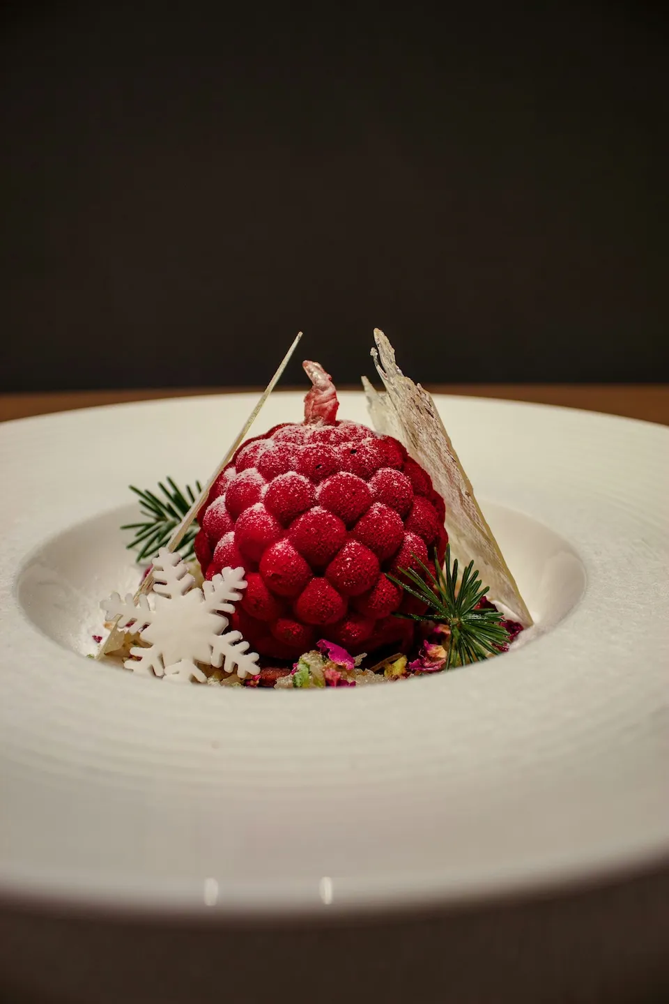 Red berry-shaped dessert with powdered sugar, white snowflake, and green garnish on white plate.