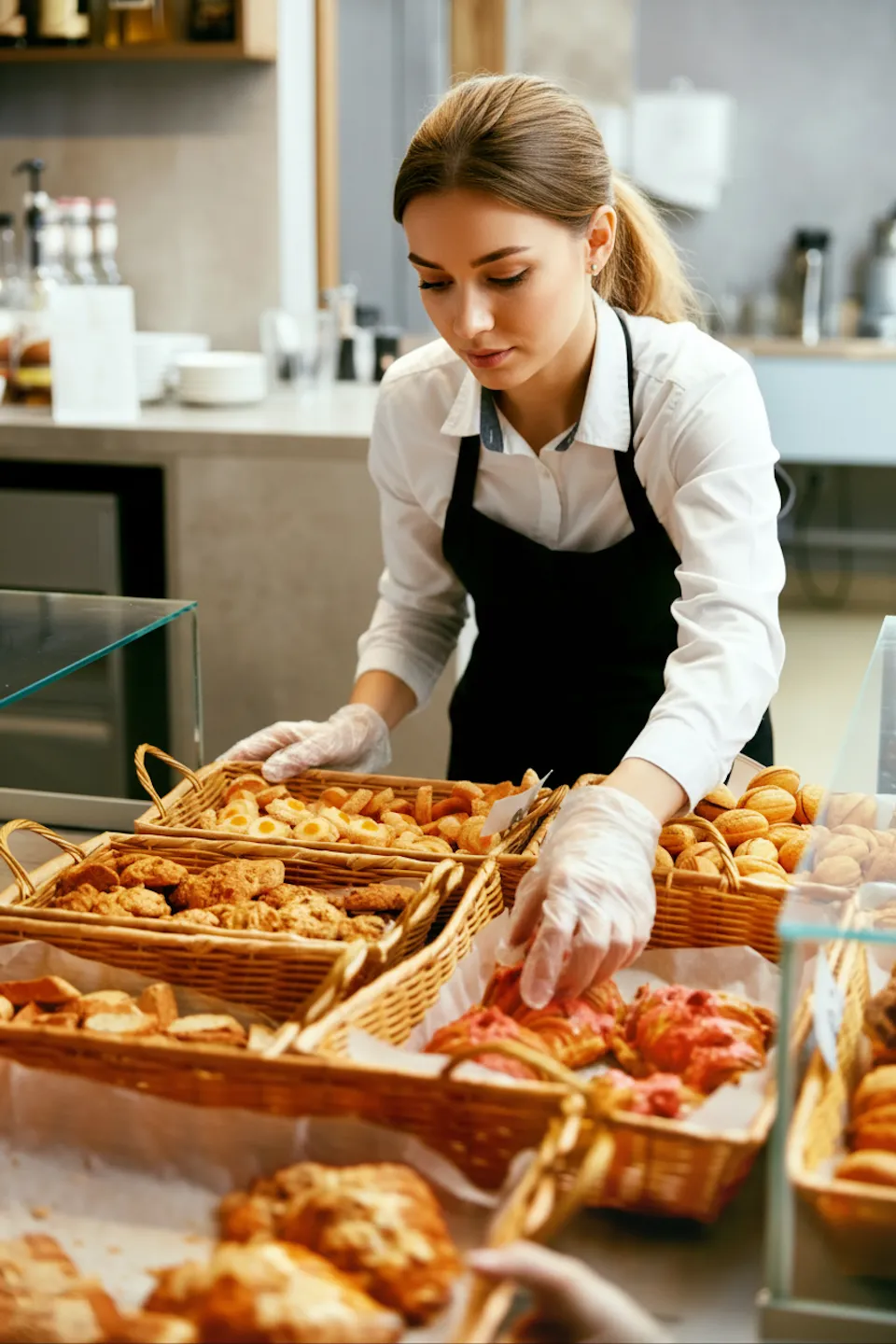 Bakery worker in white shirt and black apron arranging pastries in baskets while wearing gloves.