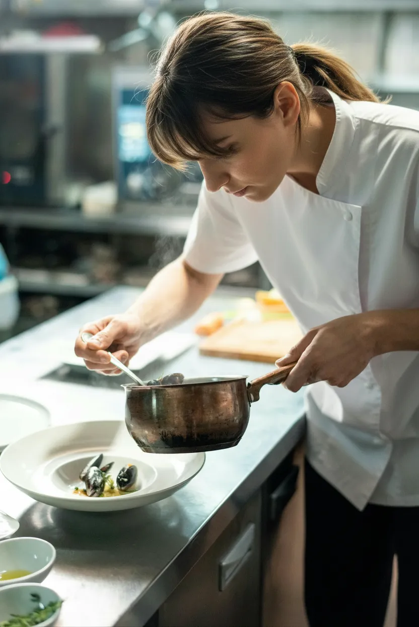 Female chef in white uniform ladling seafood stew from pot into a bowl in a professional kitchen.