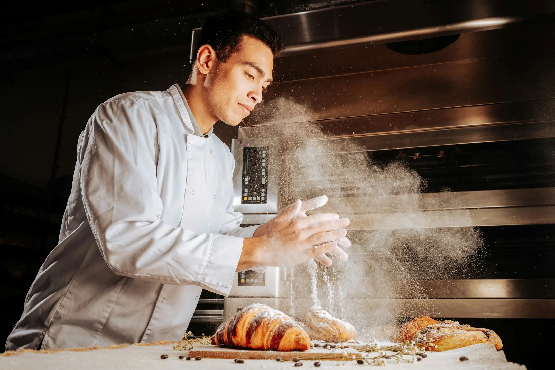 Chef in white coat clapping hands to dust flour over freshly baked croissants on table.