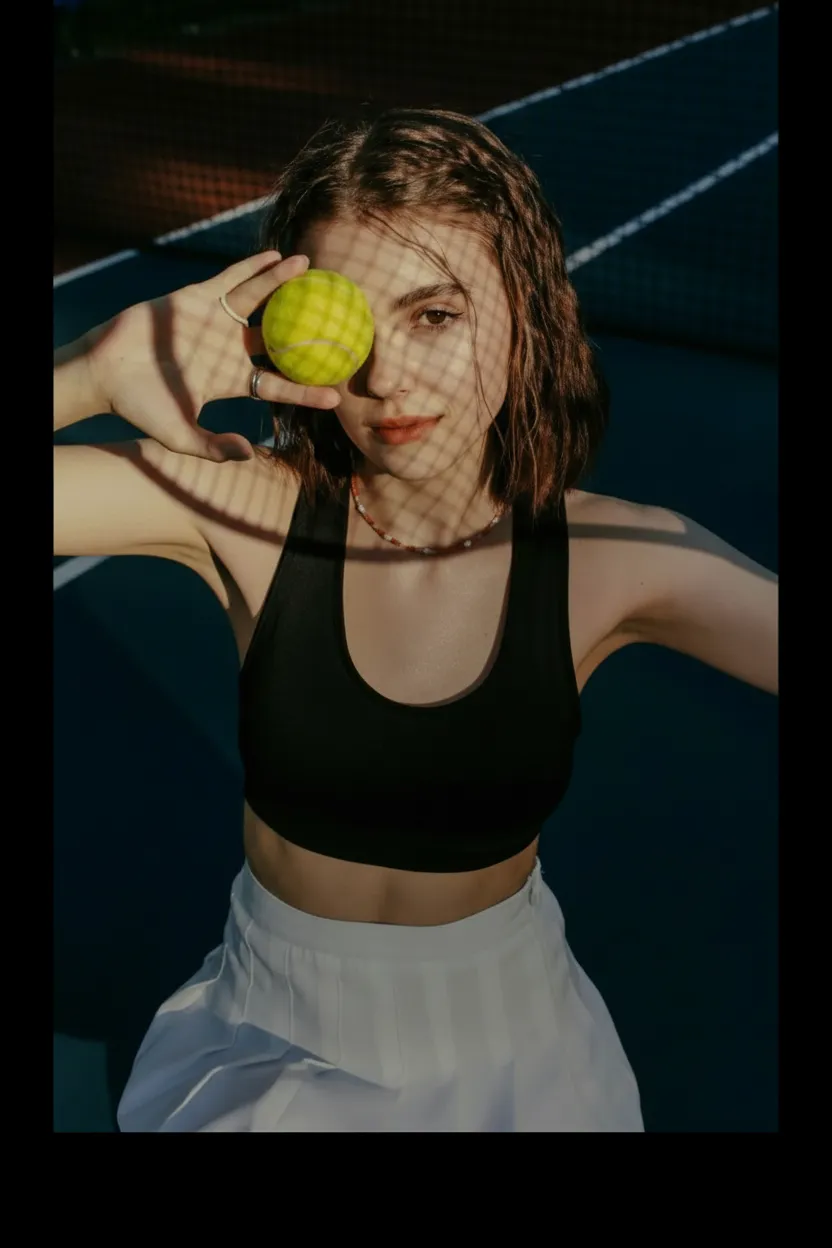 Young woman in black sports bra and white skirt holding a tennis ball covering one eye on court.