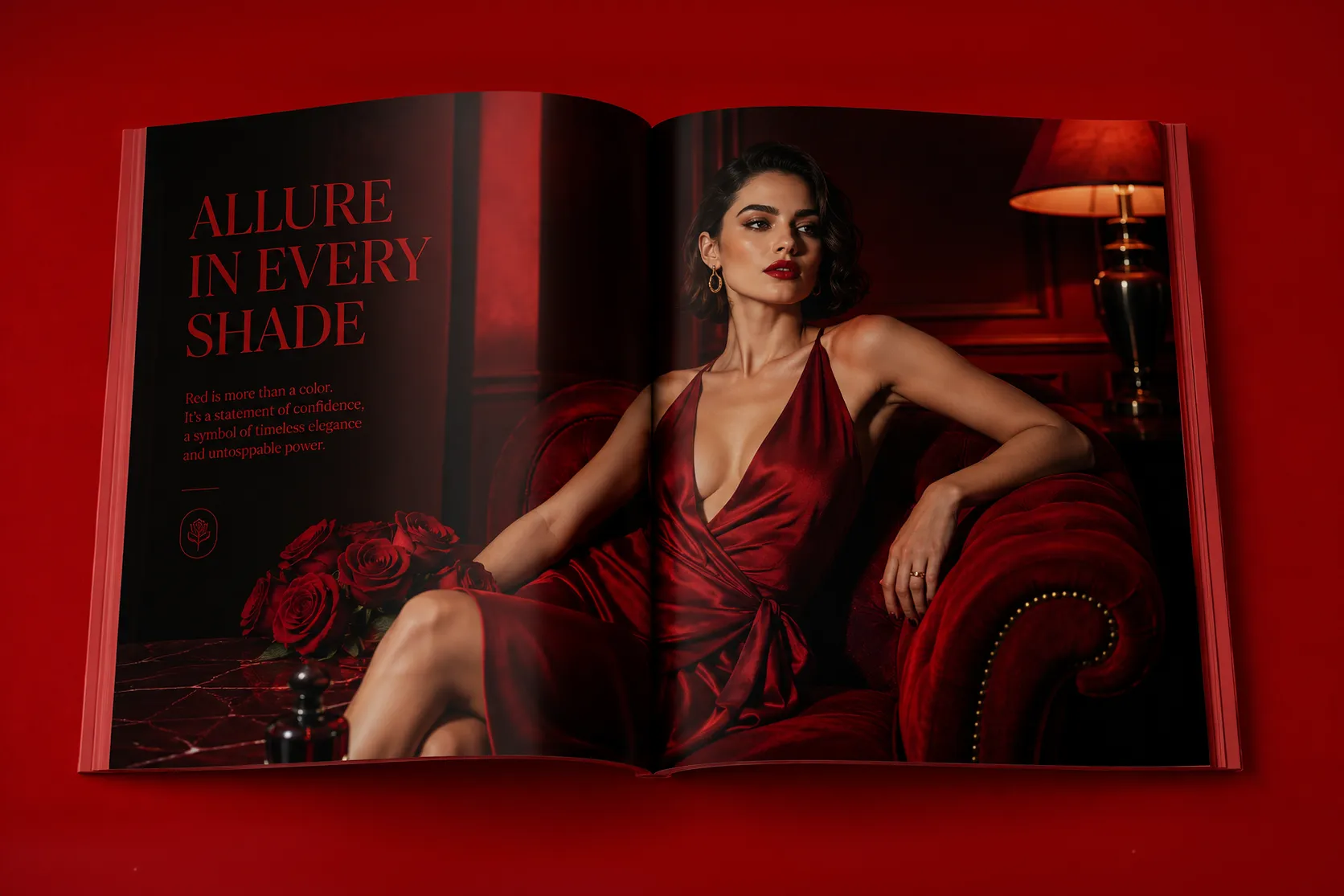 Woman in a deep red satin dress sits confidently on a red velvet couch with red roses nearby.