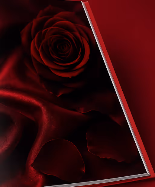 Close-up of a red rose and petals on silky fabric partially covered by a glass pane with a red border.
