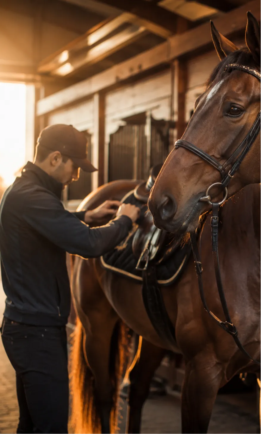 Man saddling a brown horse inside a stable during warm sunlight.