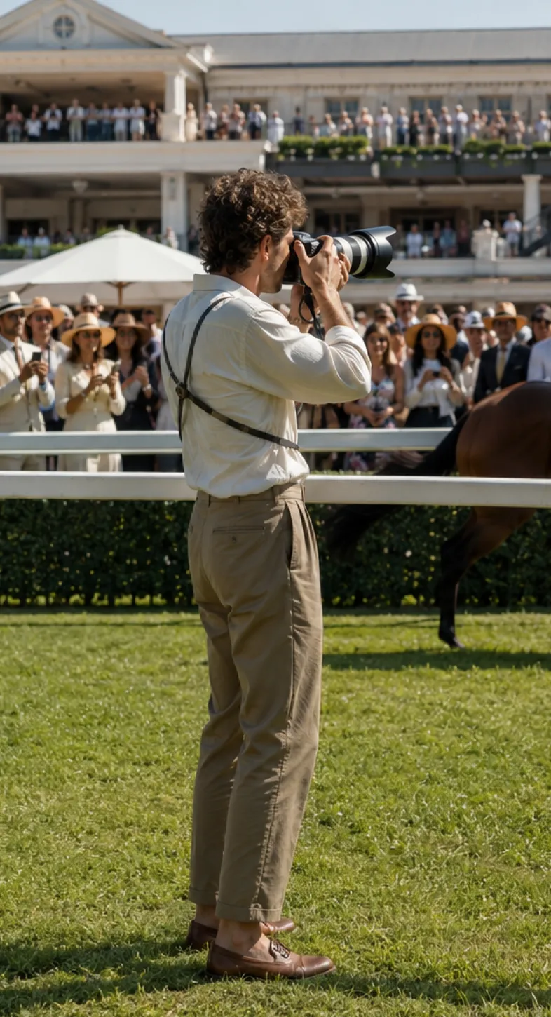 Man wearing suspenders taking photos with a telephoto camera lens at an outdoor horse event.
