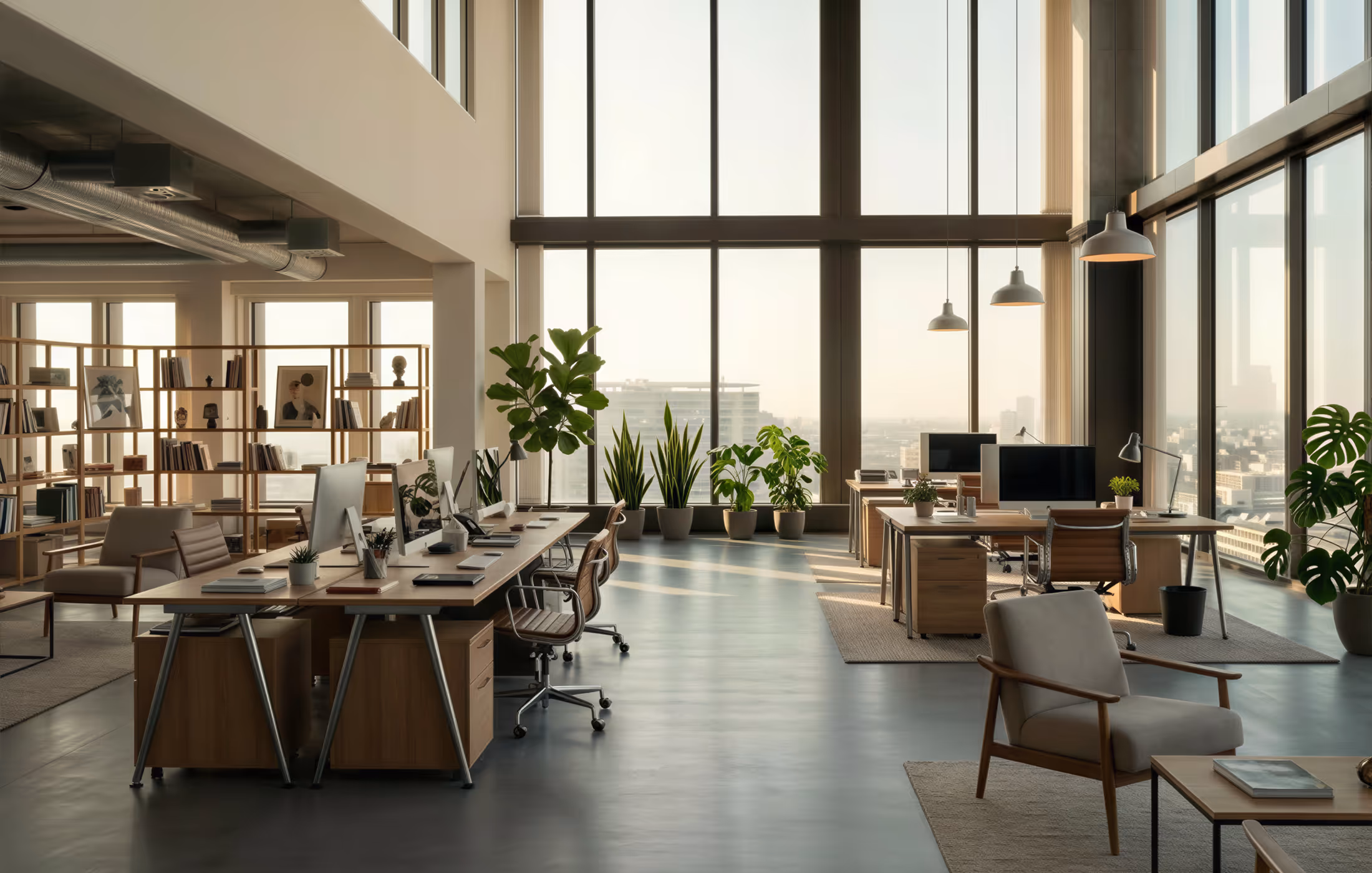 Sunlit contemporary workspace with timber furniture and tall windows
