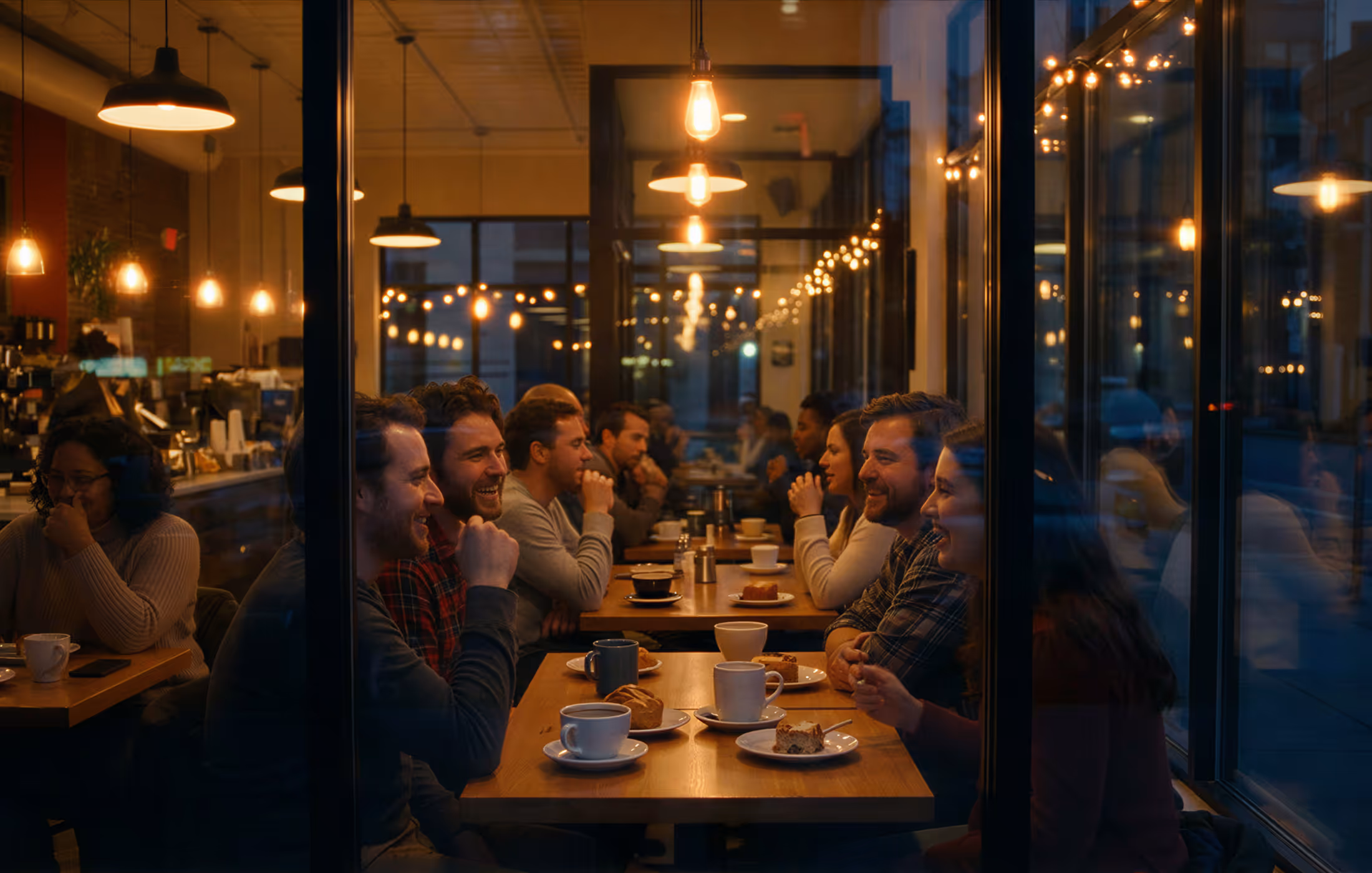 Friends sharing an evening inside a warmly lit café
