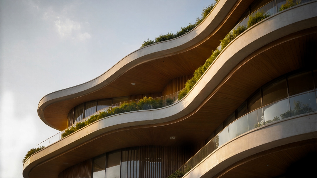 Sculptural residential balconies with planted terraces in warm evening light