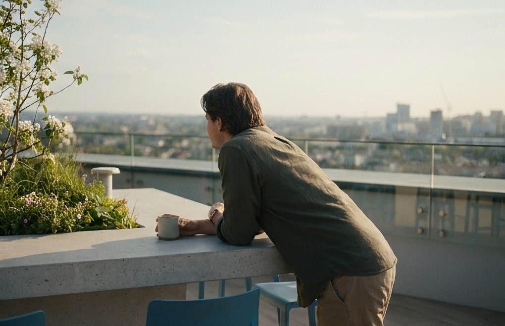 A resident stands on a high-rise apartment balcony with a coffee, looking out over a coastal view beside a neighbouring development under construction.