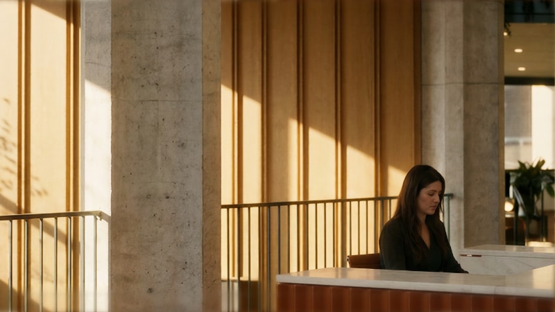Corner office at golden hour with floor-to-ceiling windows over a city skyline, an executive on the phone beside a wooden desk