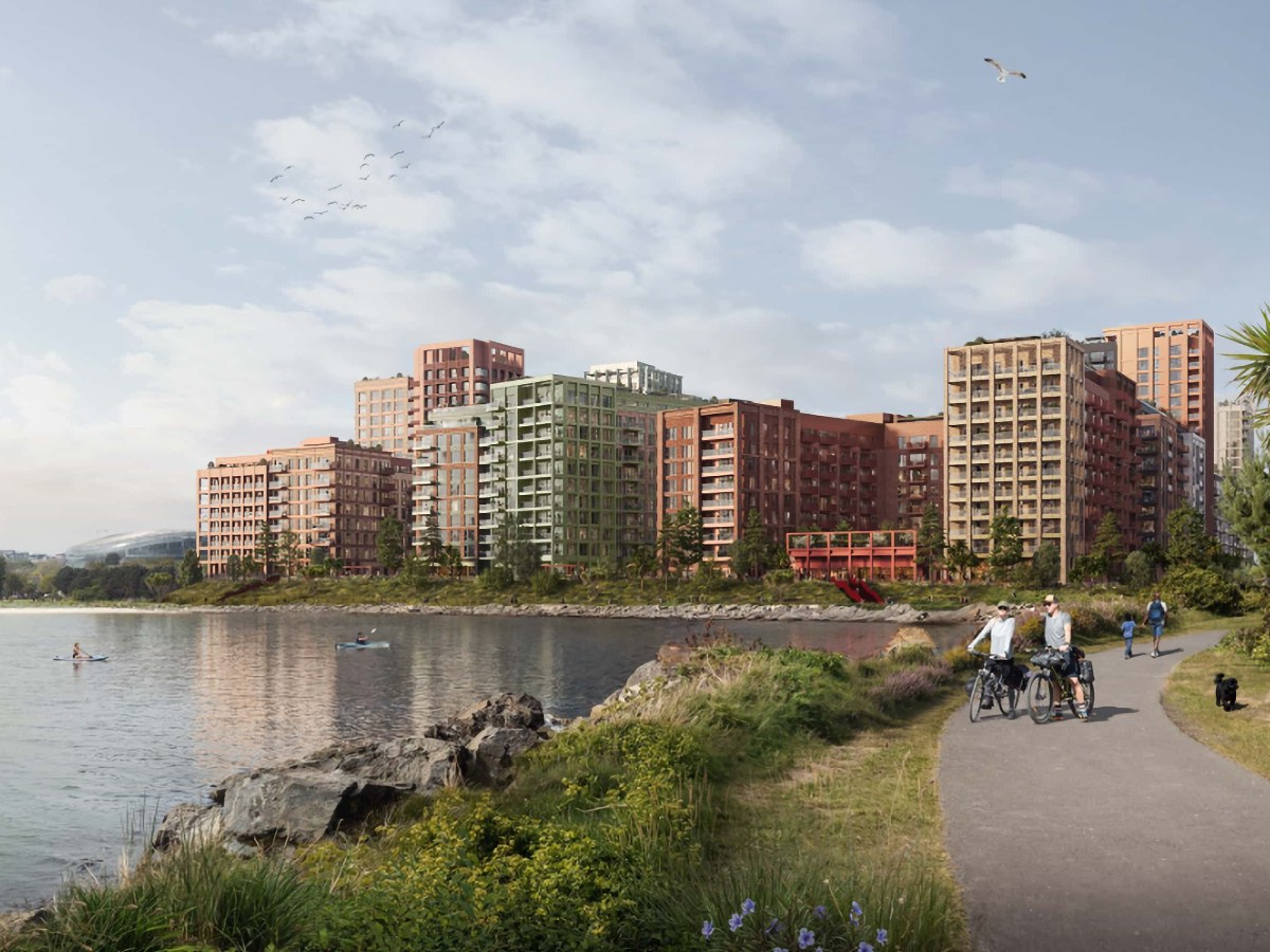 The same Glass Bottle view as a planning CGI render in flat daylight