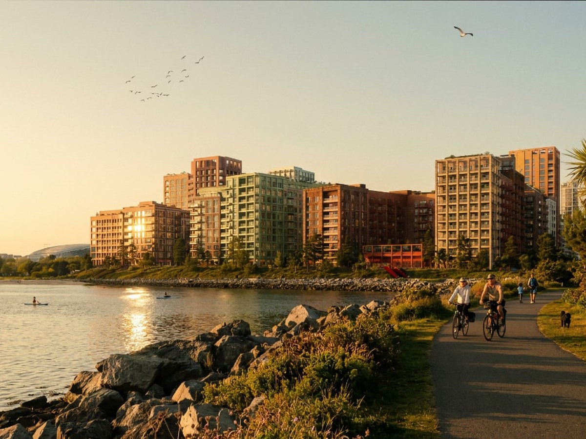 Glass Bottle as a Living Film: residents cycling a waterfront path at golden hour below the new apartment blocks