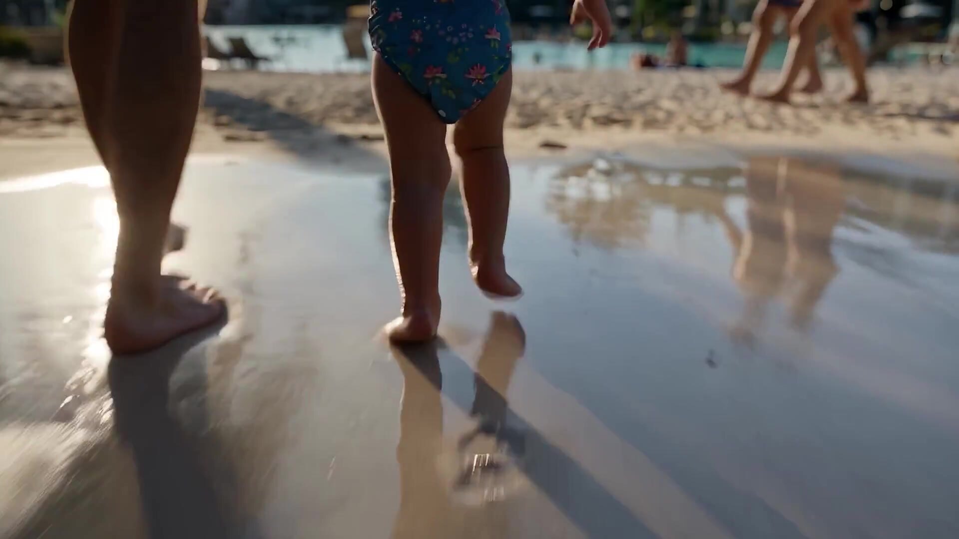 A parent and toddler walking on wet sand at the Miramar Cove lagoon at sunset, Fort Lauderdale
