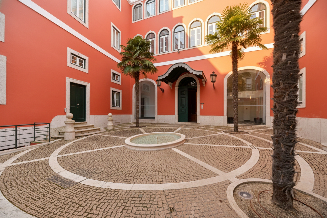 Cobbled courtyard with a small fountain and palm trees in front of the coral-pink facade of Palácio da Junqueira, Lisbon