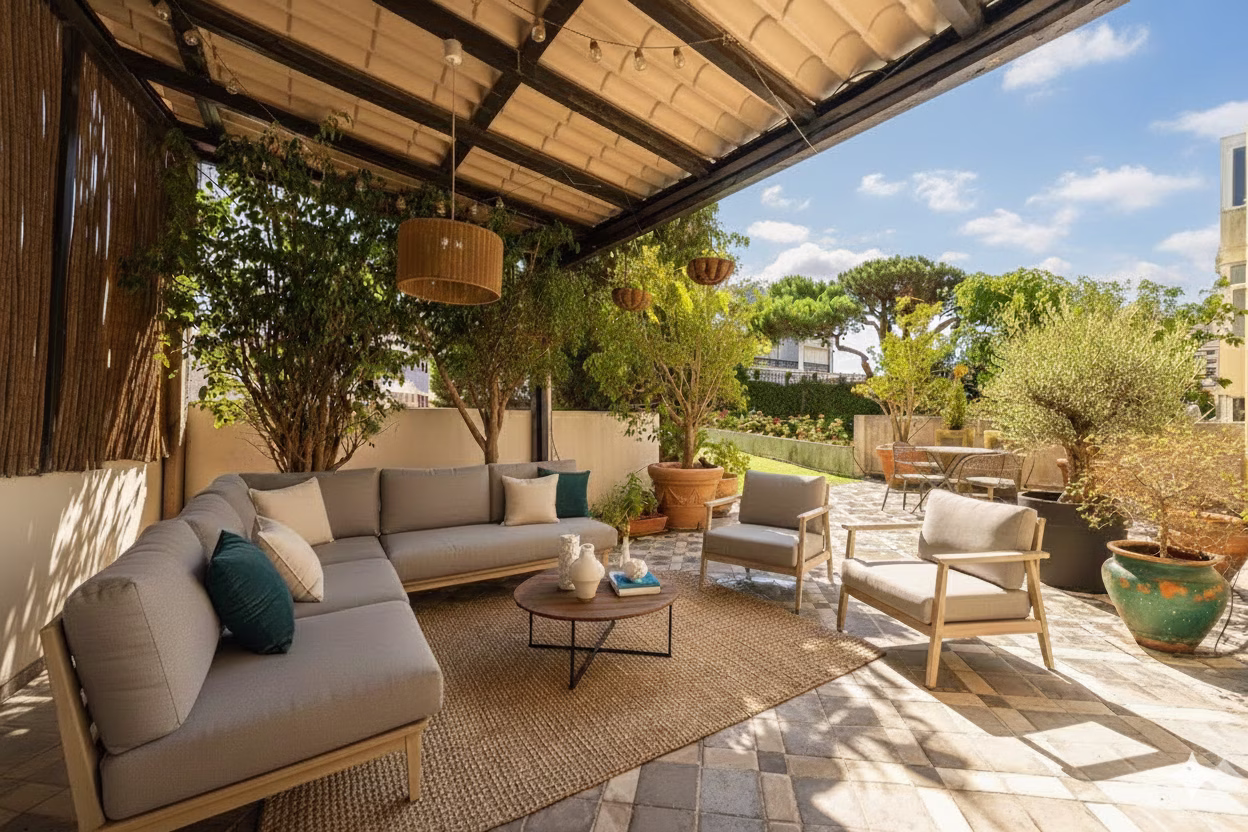 Covered terrace with a grey corner sofa, timber armchairs and olive trees, virtually staged at a villa in Parede, Portugal