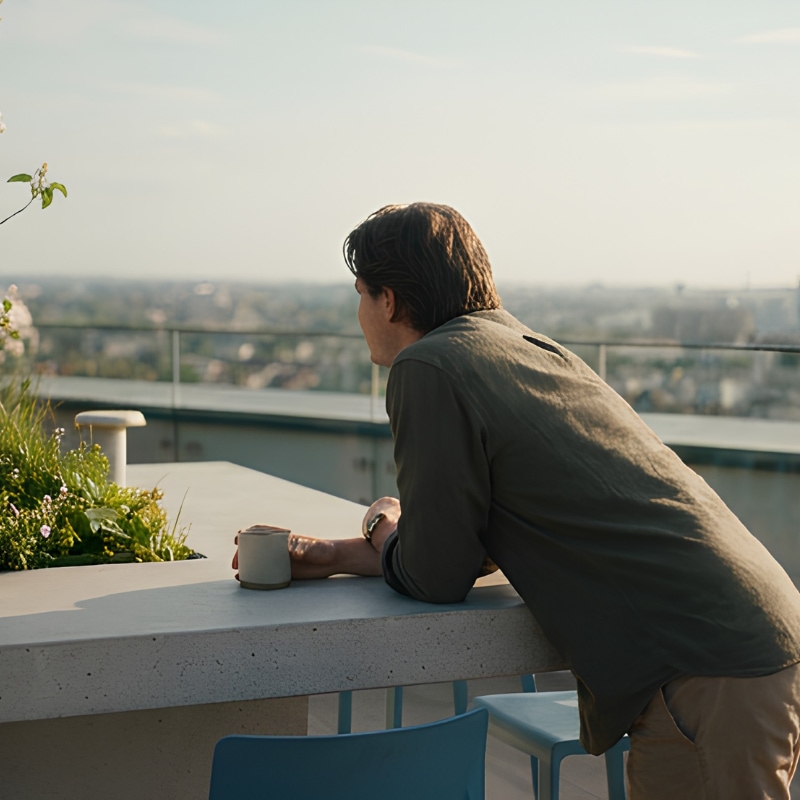 A resident leaning on the Sand House rooftop parapet with a coffee, the Dublin skyline behind