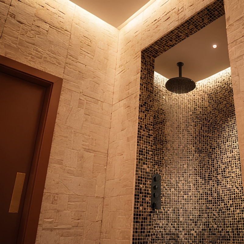 Bathroom at Sand House with a mosaic tiled shower recess, stone walls and a rain head