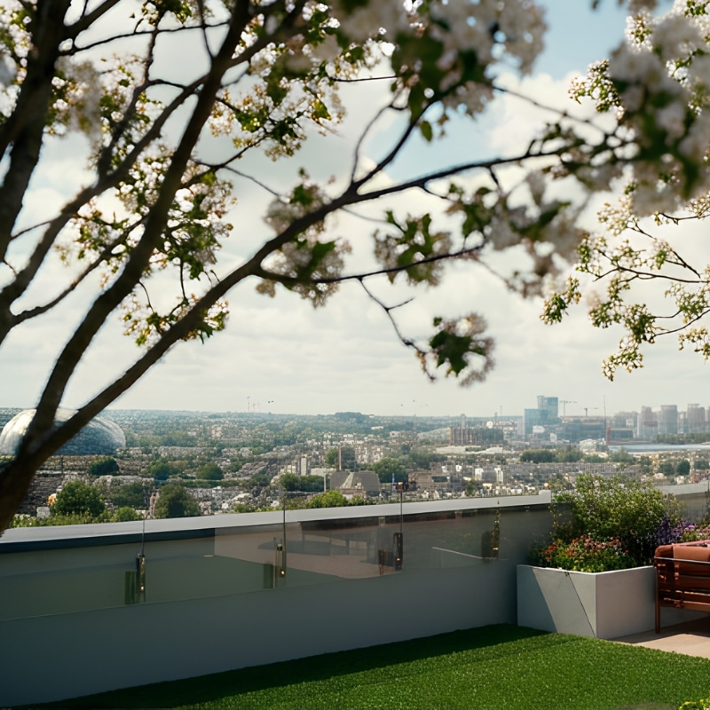 Rooftop terrace at Sand House with the Dublin skyline framed by blossom