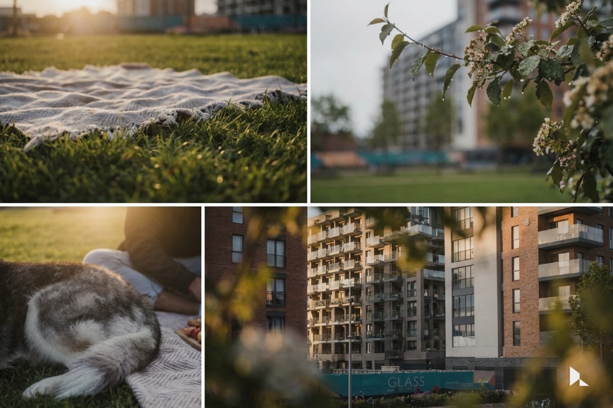 Four scenes of life at Glass Bottle, Dublin: a picnic blanket on the grass, blossom against the apartment blocks, a dog resting, and the building signage
