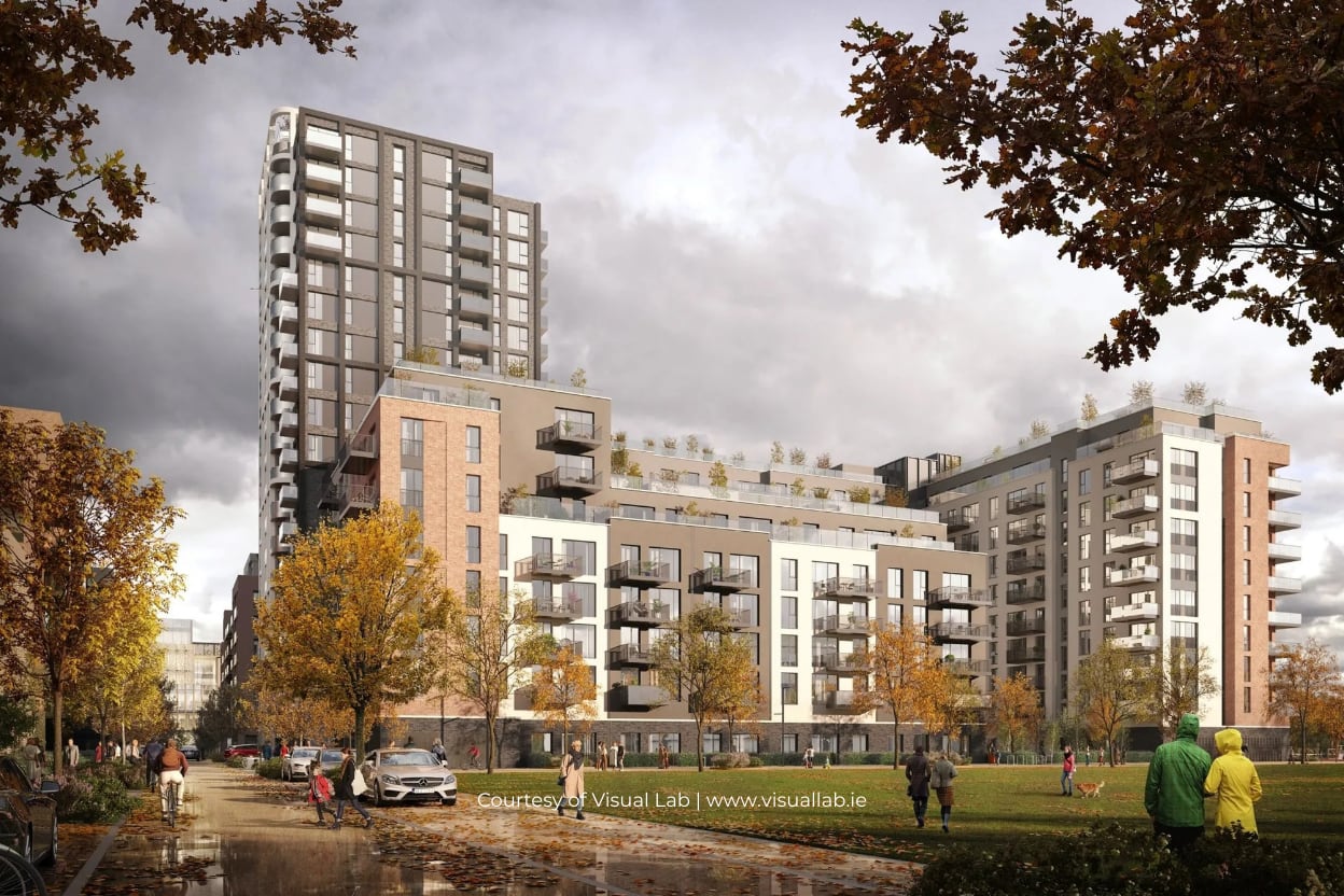 Render of the Glass Bottle streetscape in Dublin, the tower rising above autumn trees, courtesy of Visual Lab