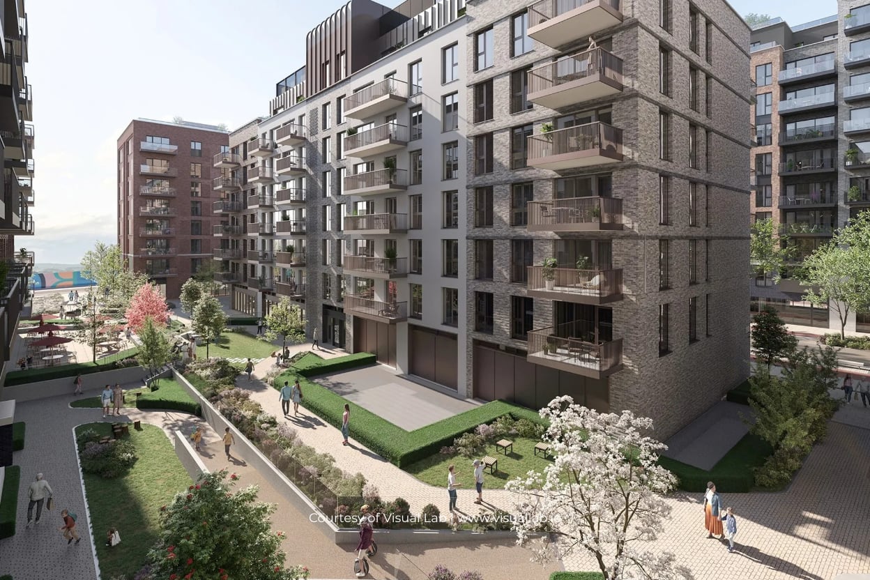 Render of the Glass Bottle apartment blocks around a landscaped courtyard, courtesy of Visual Lab