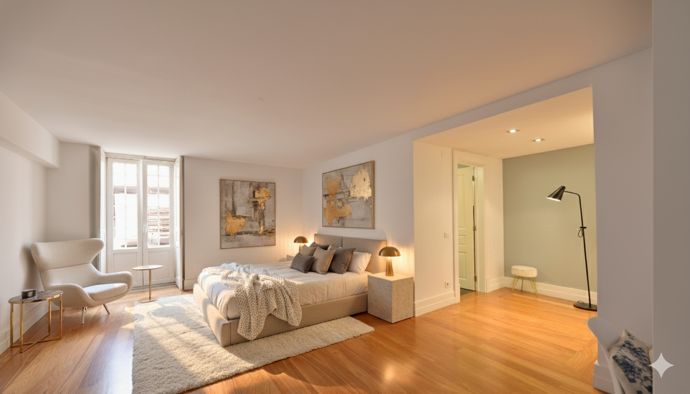 Bedroom at Palácio da Junqueira with a white bed, oak floor and an open doorway to the hall