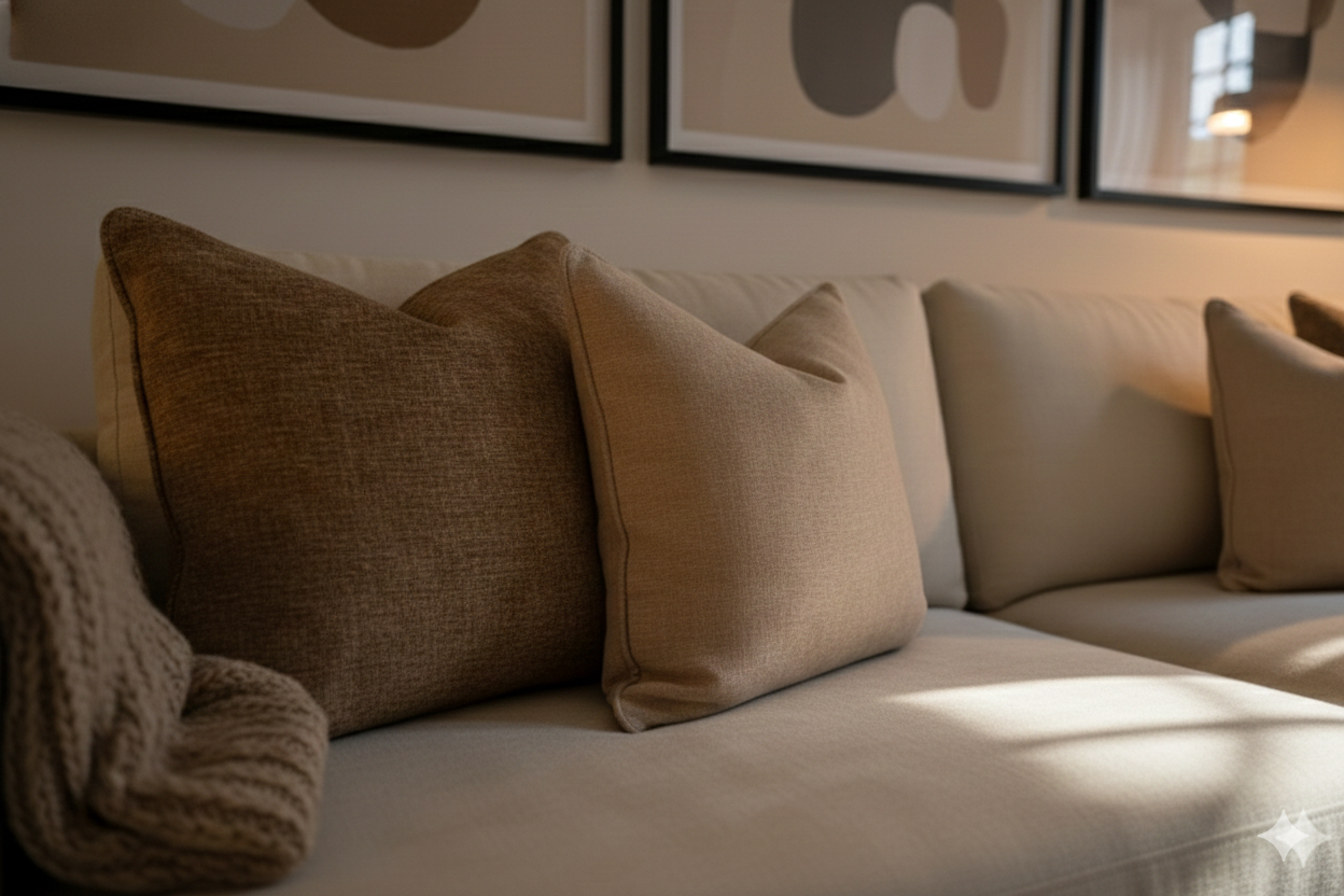 Linen cushions and a knitted throw on the sofa at Palácio da Junqueira