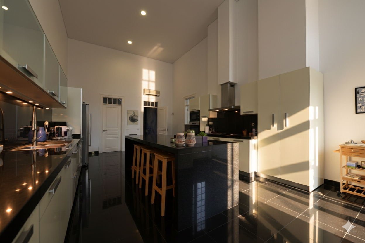 Kitchen at Palácio da Junqueira, Lisbon, with a high gloss black island and bar stools