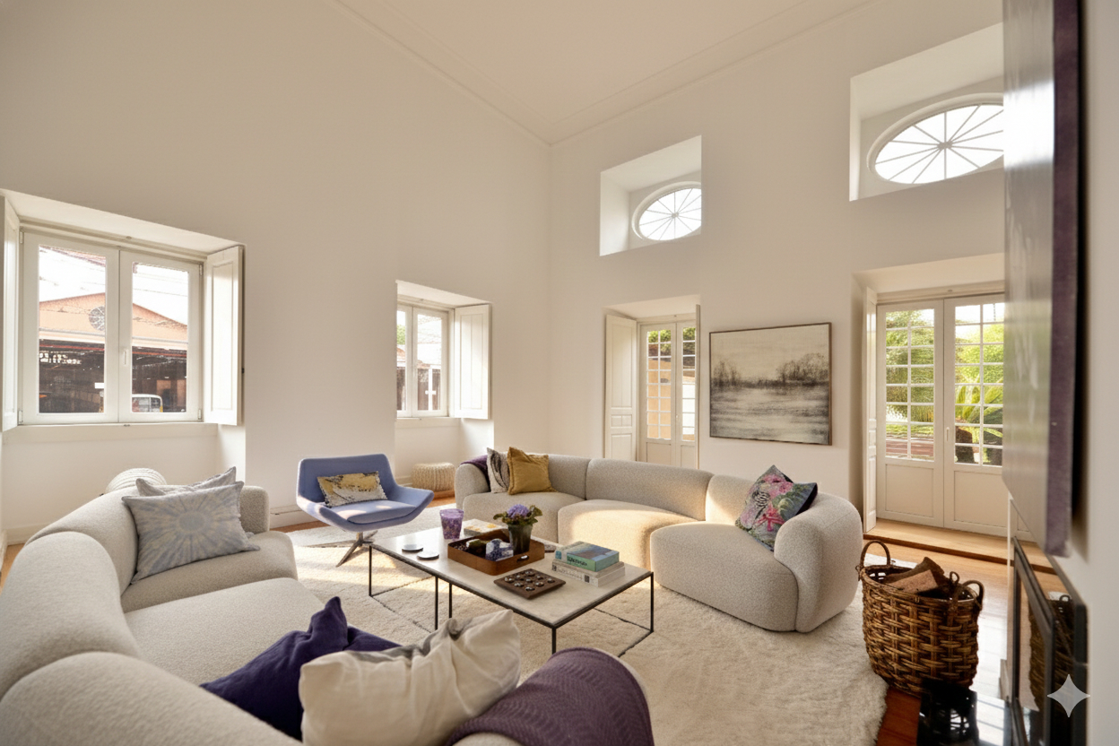 Living room at Palácio da Junqueira with a pale sectional sofa and tall windows onto the garden