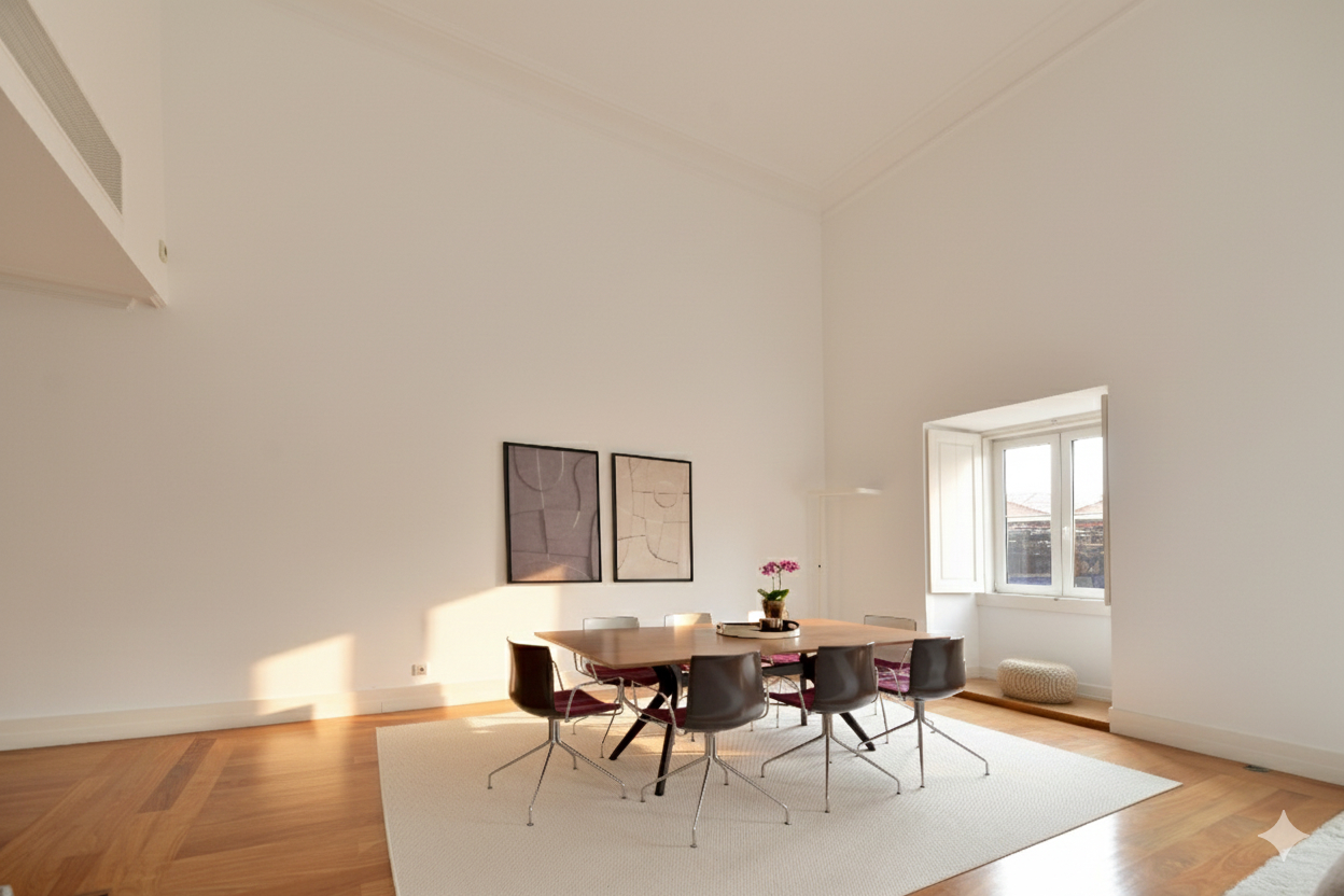 Dining area at Palácio da Junqueira with a round table, high ceiling and a fanlight window