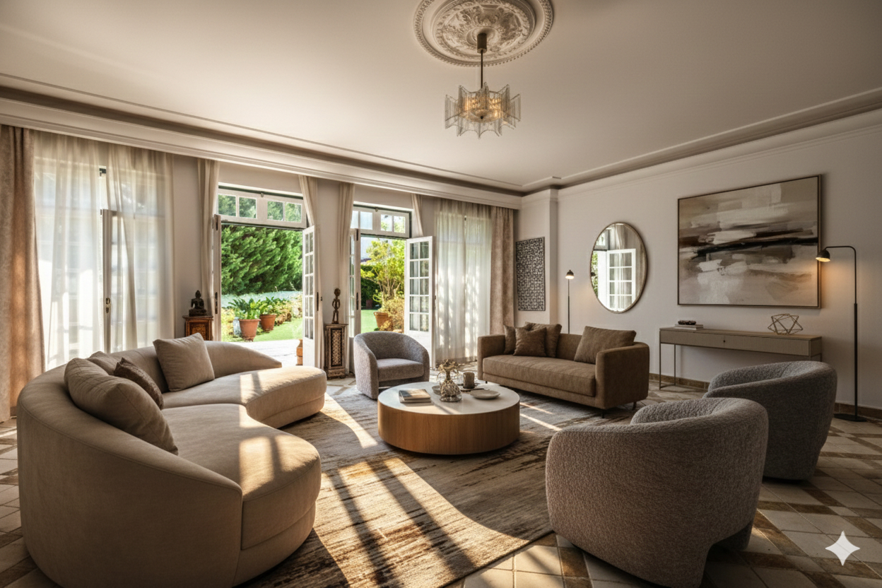 Drawing room at Palácio da Junqueira with curved sofas, a chandelier and doors onto the garden