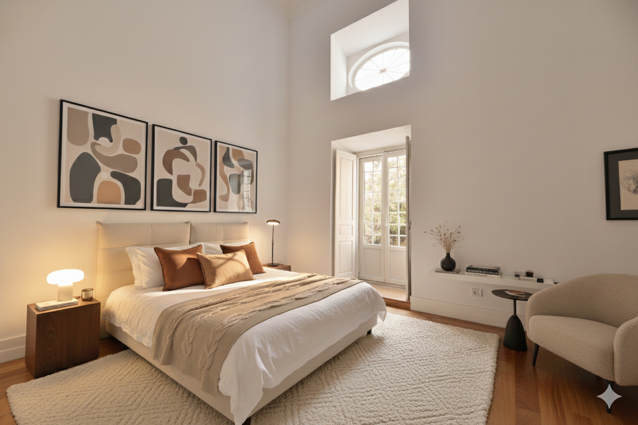 Bedroom at Palácio da Junqueira with abstract prints above the bed and a French door to the balcony