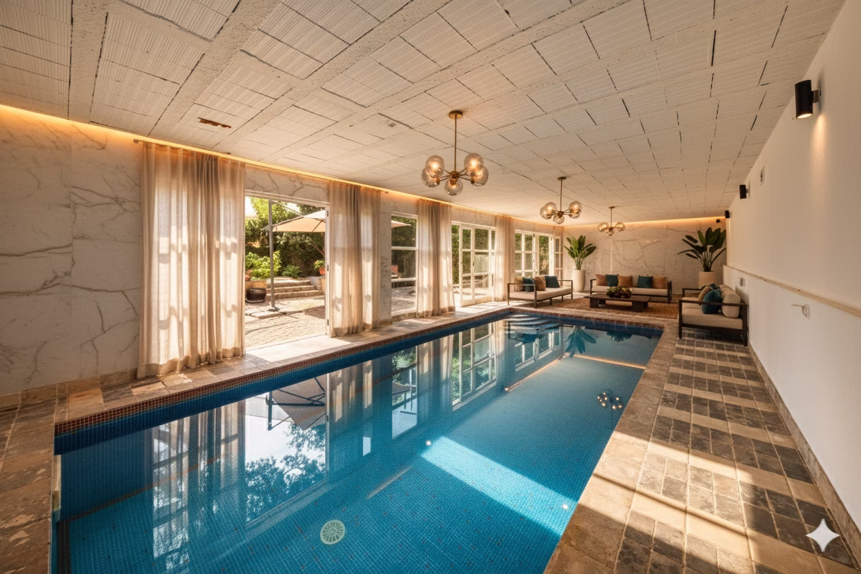 Indoor pool at the Parede villa, lit by chandeliers with doors onto the terrace