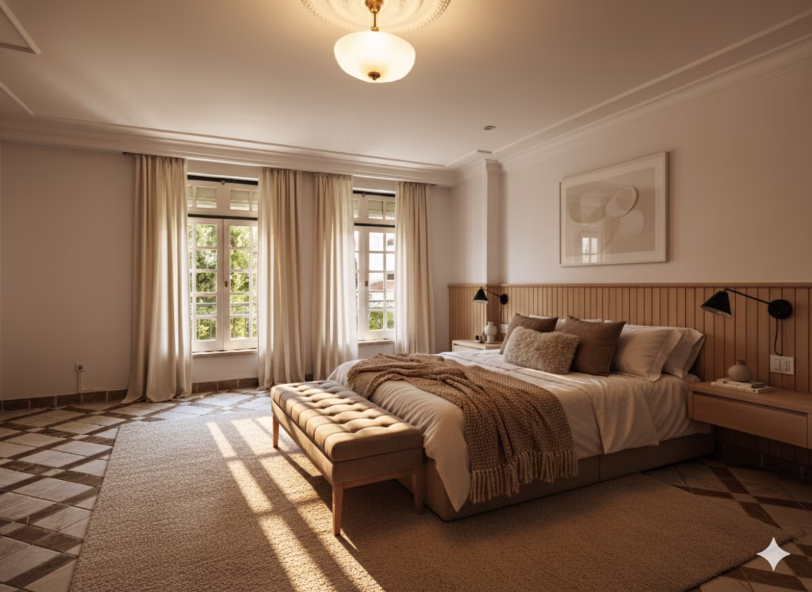 Virtually staged main bedroom at the Parede villa, with a panelled headboard and French windows