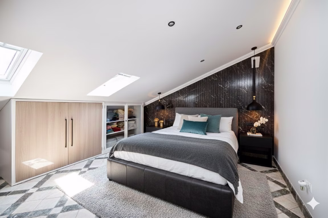 Virtually staged top floor bedroom at the Parede villa, with skylights and a dark textured wall