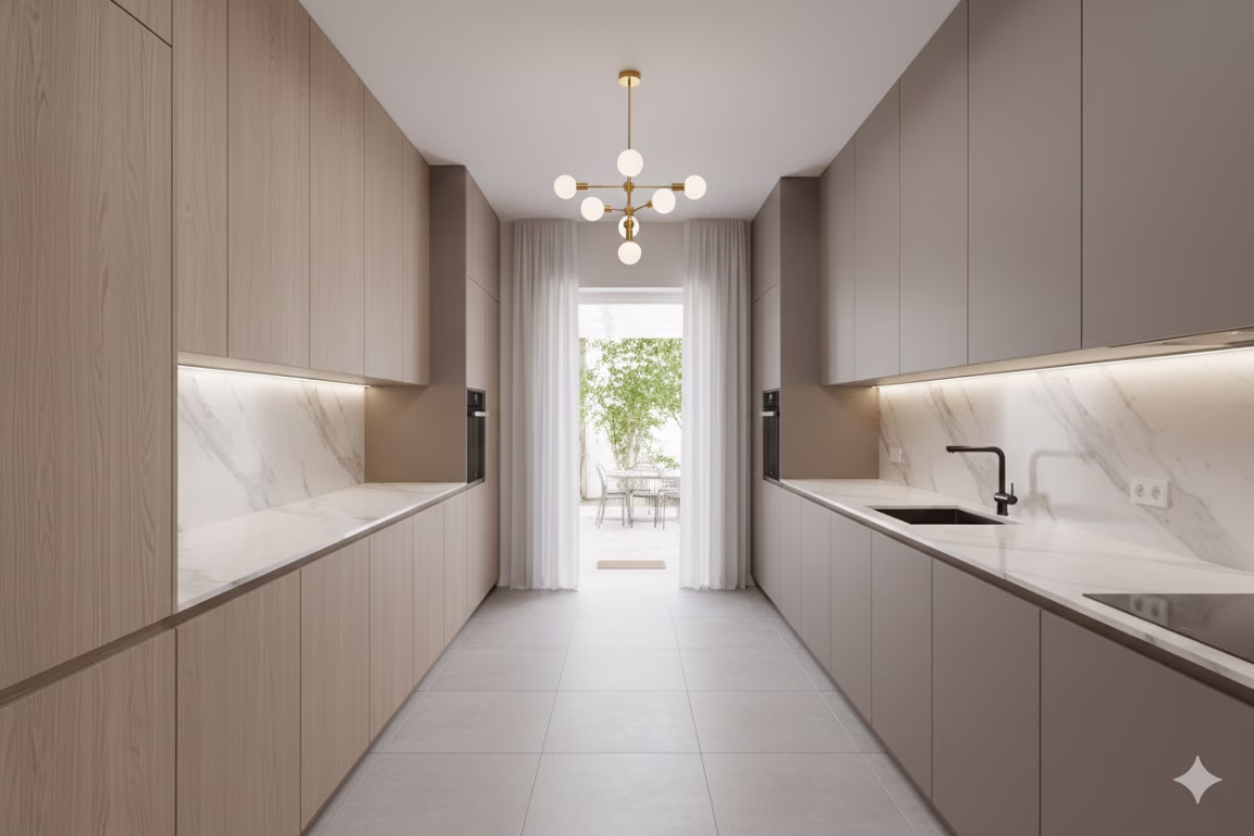 Galley kitchen at the Parede villa with handleless units and a marble splashback