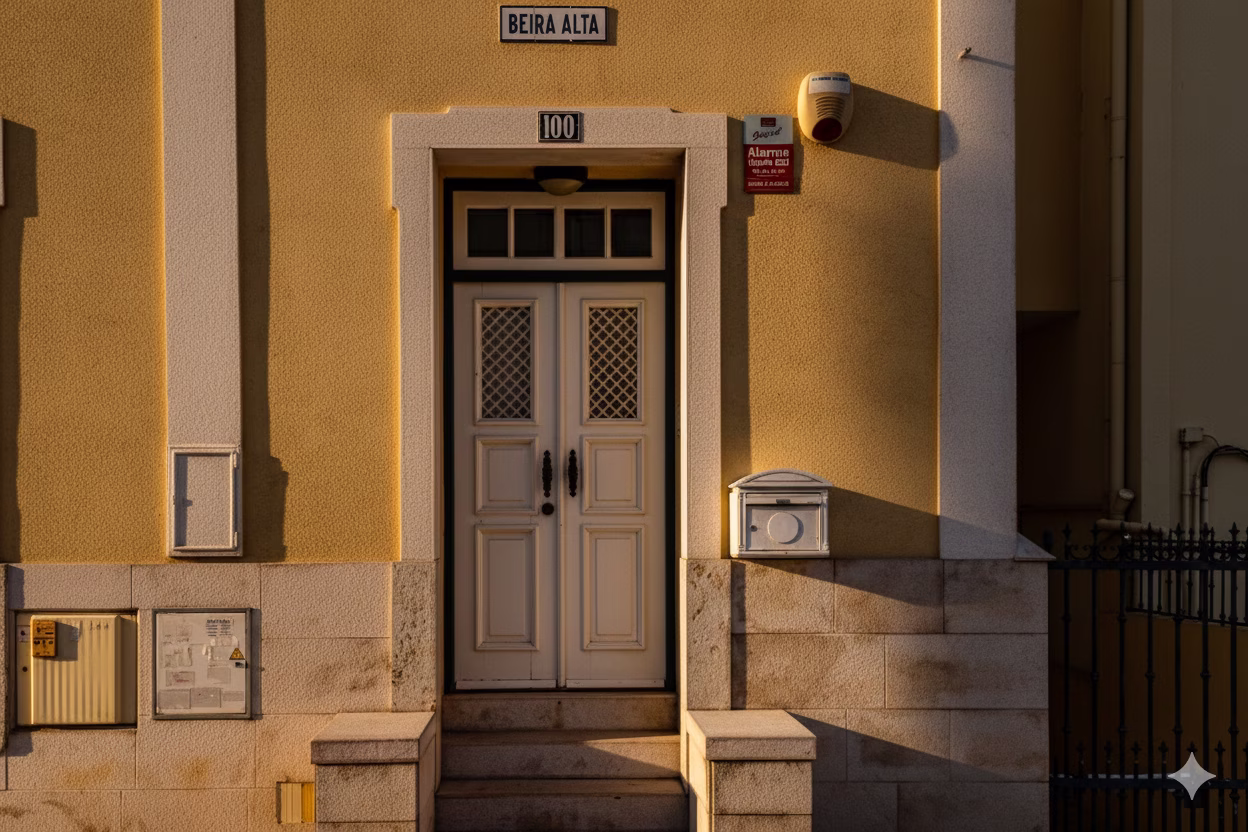 Entrance to the Parede villa, a panelled double door set in a yellow rendered façade