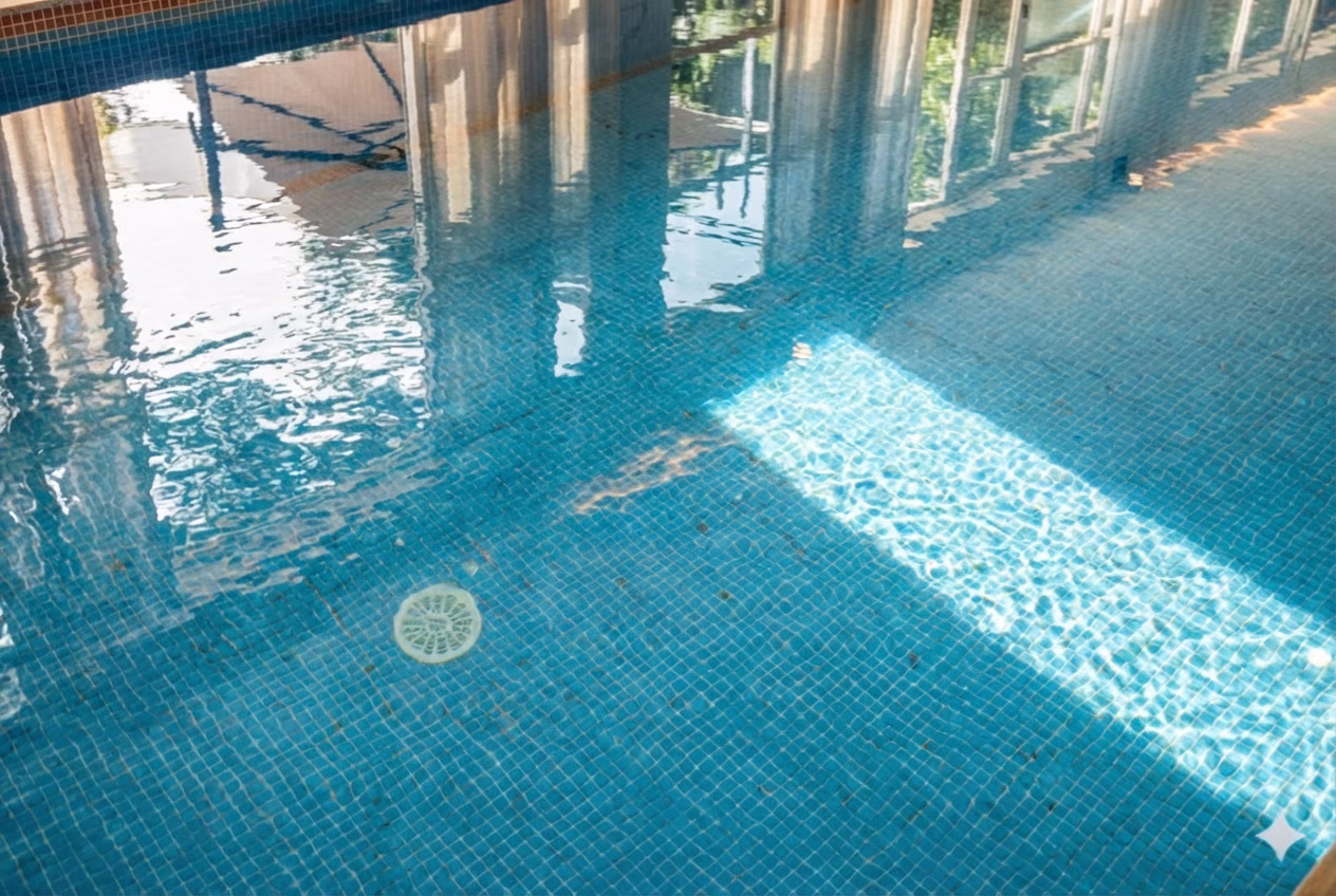 Sunlight across the mosaic tiles and water of the pool at the Parede villa