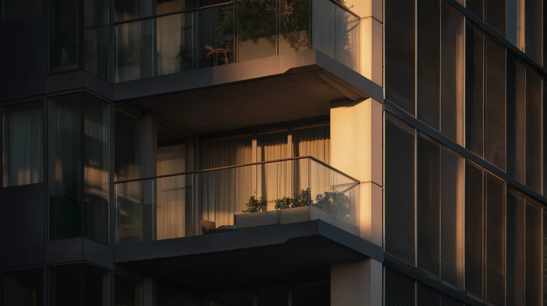 Apartment building façade with stacked balconies, lit by low golden hour sun