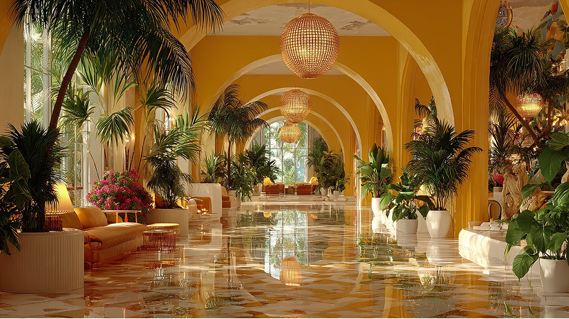 Hotel lobby with yellow arches, palms and rattan pendant lights reflected in a polished floor