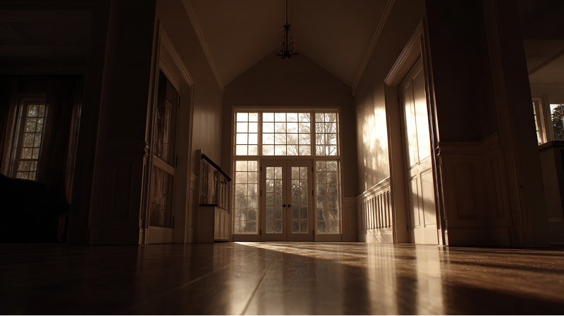Sunlight falling across the floor of a panelled hallway with arched French doors
