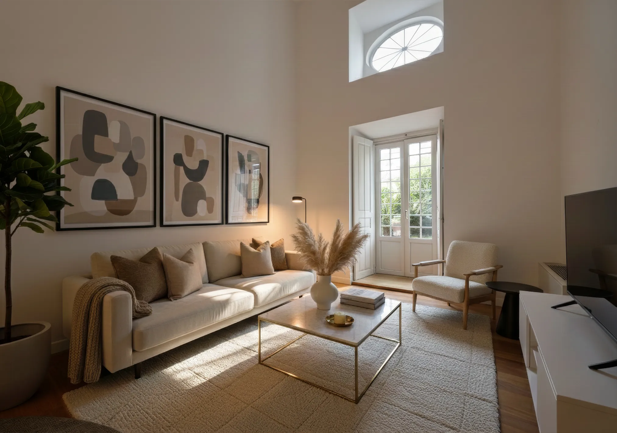 Virtually staged living room with a pale sofa, framed prints and an arched window