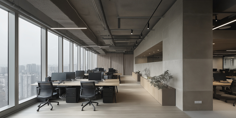 Open plan office floor with full height glazing looking out over a city skyline