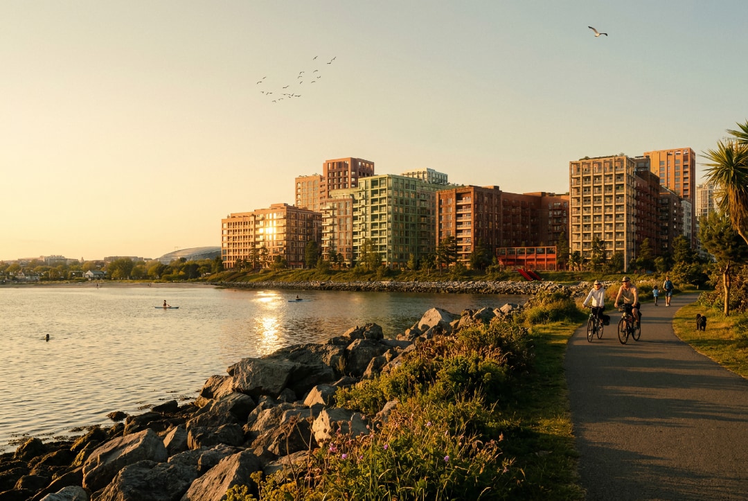 Waterfront apartment blocks at golden hour with cyclists on a coastal path, a frame from a ListLift film made from the development's CGI