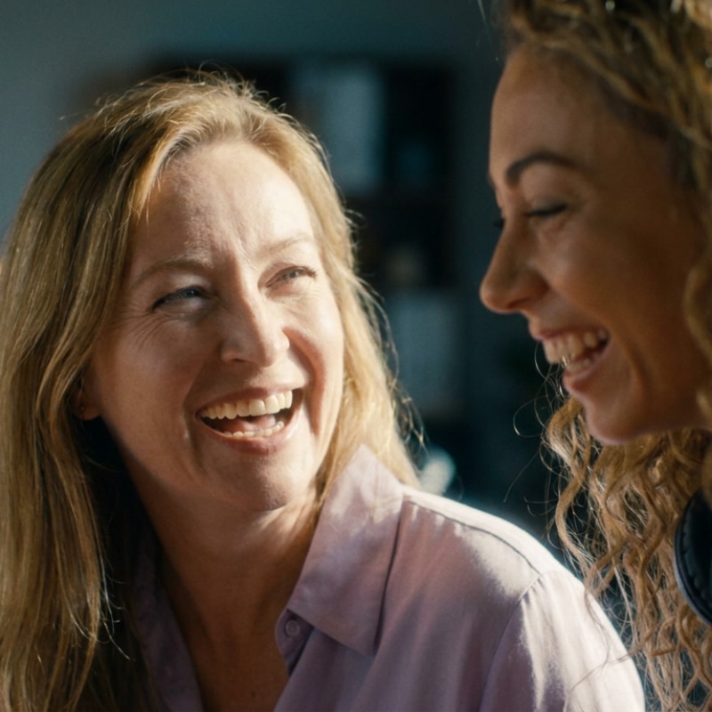 Two colleagues laughing together inside The Furnace innovation hub at Glass Bottle, Dublin
