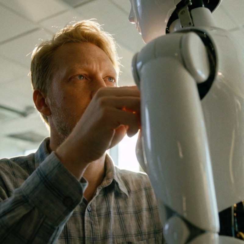 An engineer adjusting a humanoid robot's arm in a lab at The Furnace, Glass Bottle, Dublin