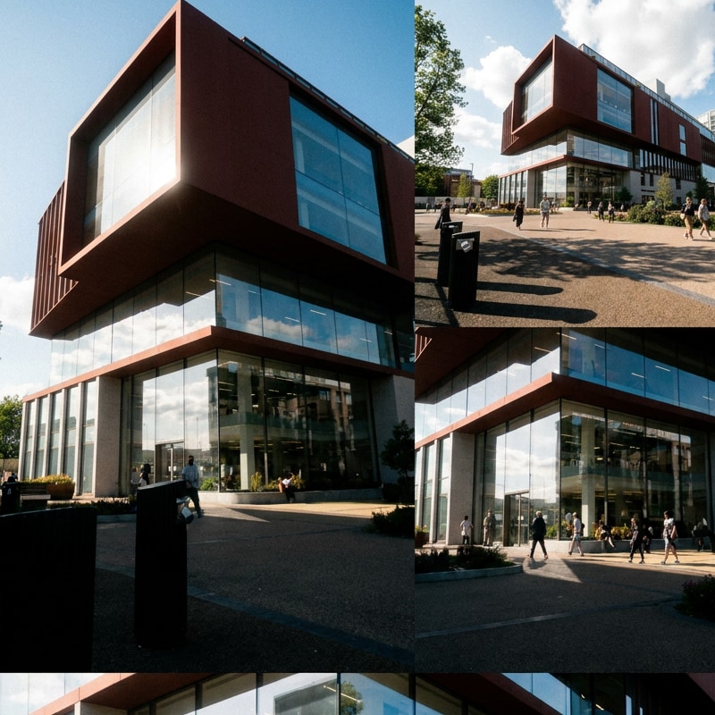 The red-clad cantilevered upper floors of The Furnace above a glazed ground floor, with people crossing the plaza