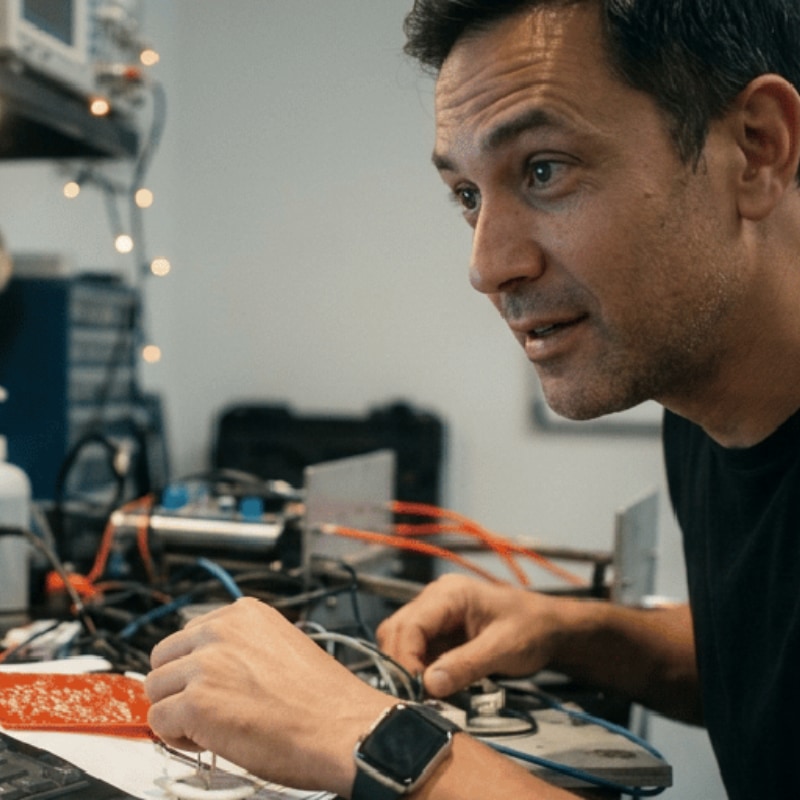 An engineer working over a bench of wiring and test equipment at The Furnace, Dublin